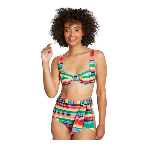 ModCloth NWT Greta Rainbow Stripe Detachable Belt High-Waisted Bikini Bottom MD - Picture 2 of 13